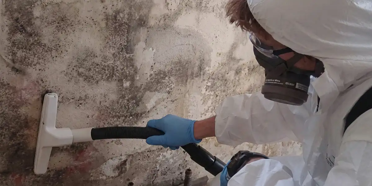 professional mold removal technician wearing protective equipment removing mold from a wall in Glendale, AZ